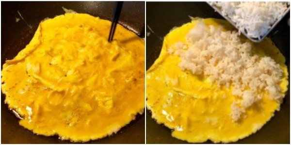 كيفية طبخ الأرز المقلي مع البيض: يقلى البيض ويضاف إليه الأرز
