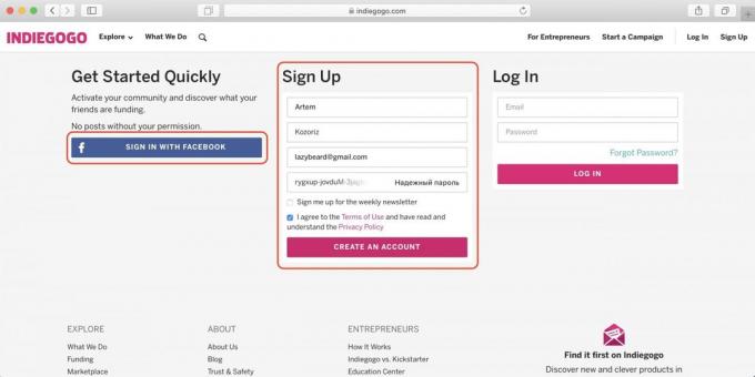 كيفية شراء على Indiegogo: أدخل اسم والبريد الإلكتروني وكلمة المرور أو تسجيل الدخول مع الفيسبوك