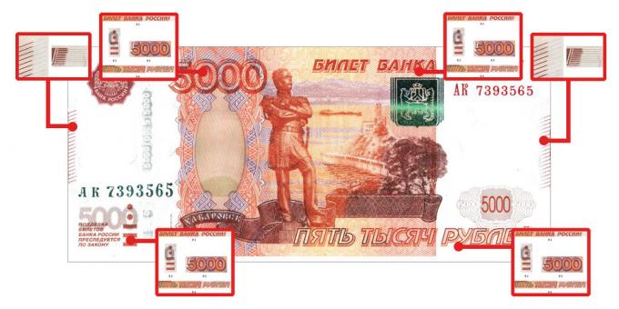 المزيفة المال: ملامح الأصالة التي هي واضحة لمسة، إلى 5000 روبل