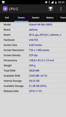 Ulefone ميكس. CPU-Z النظام