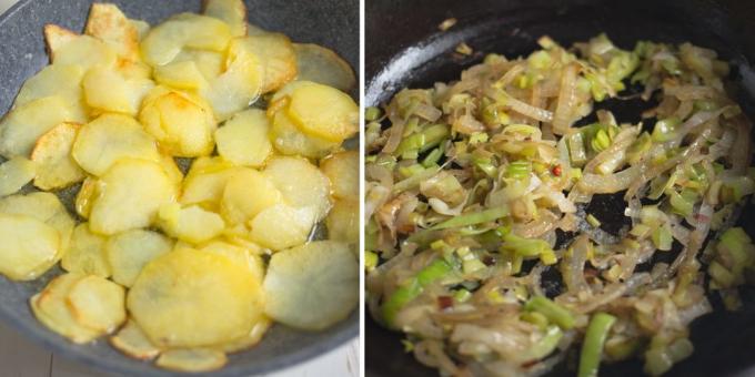 البطاطا عجة: يقلى البصل والبطاطس