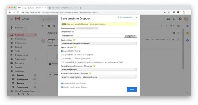 طرق لتحميل الملفات إلى دروببوإكس: نسخ الرسالة بالكامل عن طريق حفظ رسائل البريد الإلكتروني إلى دروببوإكس