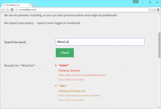 WordSafety تحقق من اسم الموقع لجمعيات غير مرغوب فيه