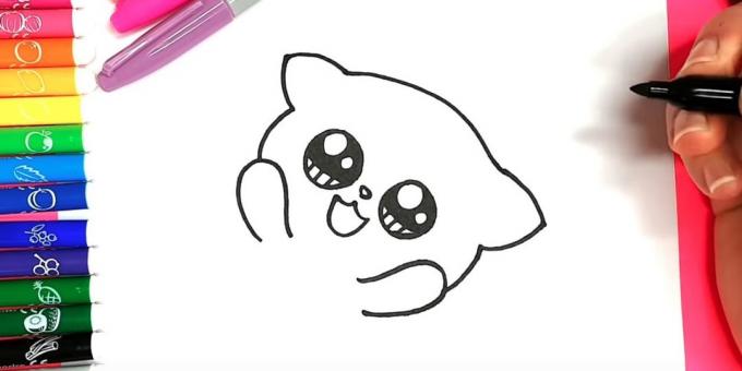 كيفية رسم أنيمي القط: اليسار واليمين تحت العين بمناسبة الخطوط العريضة للأرجل، وعلى رأسها - الرأس والأذنين