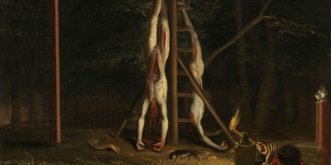 جثتا جان وكورنيليس على حبل المشنقة. رسم جان دي باين