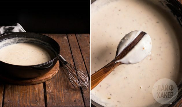 كيفية صنع صلصة لقرع ريفي ، بطاطس ، وفطيرة كرفس: دع الحليب يثخن مع التحريك على نار متوسطة لمدة 5 دقائق تقريبًا