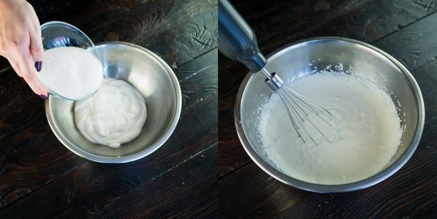 "ميدوفيك" الكلاسيكية بالقشدة الحامضة: اخلطي الكريما الحامضة والسكر في وعاء عميق